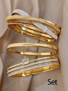 1Pc/3pcs Golden Luxury Zirconia Geometric Bangle Bracelet For Women,Stainless Steel Set,Daily/Beach Boho/Party/Wedding,Mom Gift,Valentine Birthday - Multicolor - View 12
