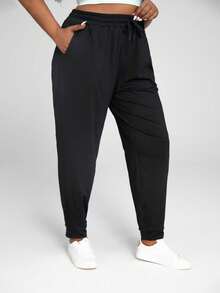 Plus Size Women's Casual Sweatpants With Pockets And Drawstring, Loose Fit, Black Color, Sporty Style Sports - Black - View 2