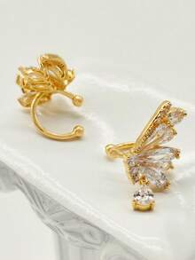 1pc Exquisite Elegant Butterfly Fairy Wing Water Drop Zirconia Ear Cuff, Niche Design No Piercing Copper Ear Accessory, High-End Women's Daily Evening Wedding Commute Style - Butterfly Wing Ear Bone Clip - View 4