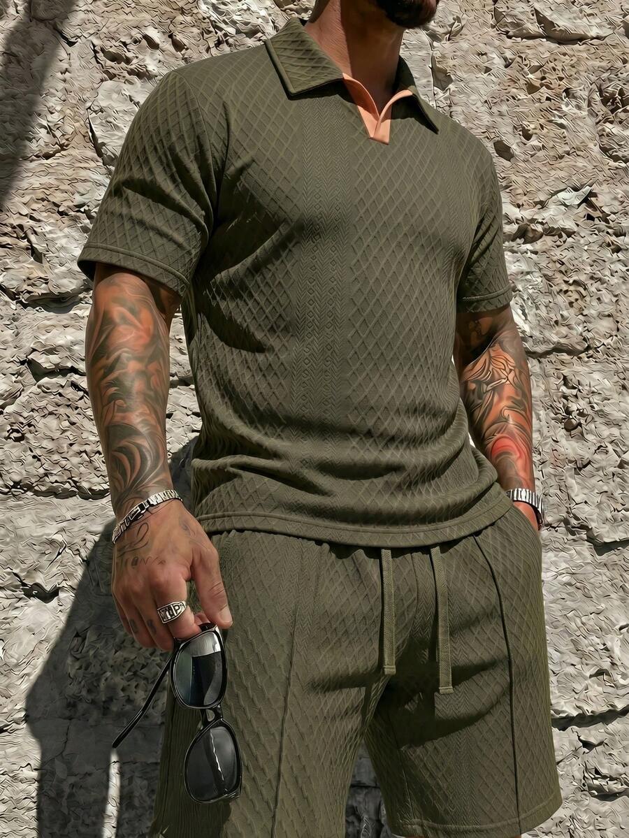 Men's Cool Daily Commute Home Casual Polyester Fabric Solid Color Versatile Sports Breathable Diamond Pattern Set - Army Green - View 1
