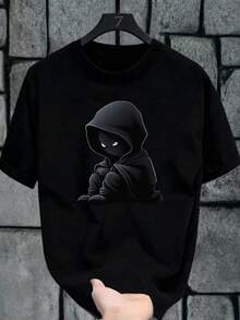 Crew Neck T-Shirt For Teenagers, With Cartoon Print Lettering - Negro 3 - View 1