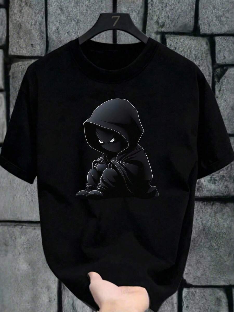 Crew Neck T-Shirt For Teenagers, With Cartoon Print Lettering - Negro 3 - View 1