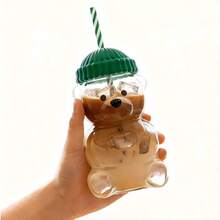 Tasse en verre vintage motif ours mignon – Gobelet ours en peluche avec couvercle en forme de chapeau et paille rayée pour café et boissons froides - défaut - Voir 3