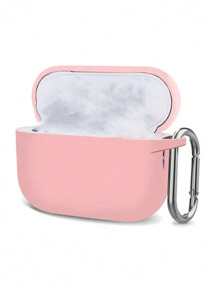 1pc Solid Color Silicone Earphone Case Compatible With AirPods With Carabiner - Pink - View 1