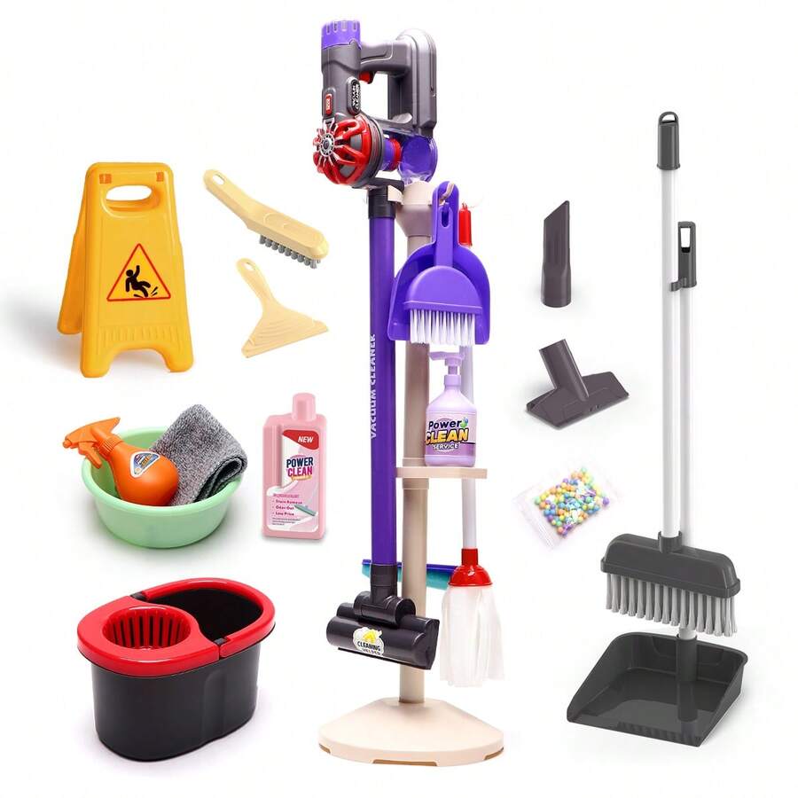 Children's Realistic Cleaning Toy Set, 3-In-1 Electric Vacuum Cleaner With Storage Rack, Mop, Broom, Dustpan, Spray Bottle Housework Tools Complete Set, Kids Cleaning And Sweeping Game Set, Role Play Props, Interactive Game Set, Suitable For Boys And Girls, Ideal Birthday Gift, Holiday Gift - Multicolor - View 1