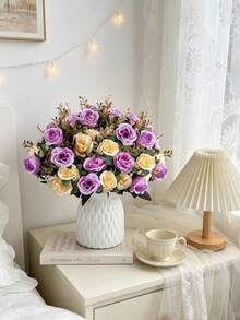1 pieza Ramo de rosas artificiales, plantas falsas, flores artificiales, para decoración del hogar, decoración de bodas, decoración de primavera, decoración de habitaciones, suministros de cocina, restaurante, decoración de dormitorios, decoración del Día de San Valentín, decoración de Año Nuevo - Morado - Ver 6