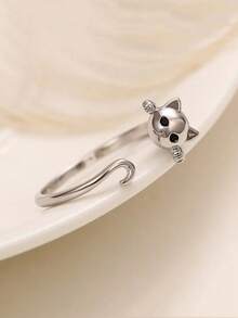 Adjustable Cat Tail Ring, Silver-Plated Cute Kitten Open Wrap Ring, Black Eyes, Fashionable Animal Personality Accessory, Suitable For Women's Daily Wear - Silver - View 2