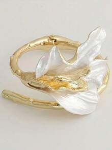 1pc Women's Elegant White Enamel Iris Leaf Bracelet - Gold French Fashion Design, Suitable For Daily And Party Wear, Versatile Jewelry For All Seasons - Multicolor - View 3