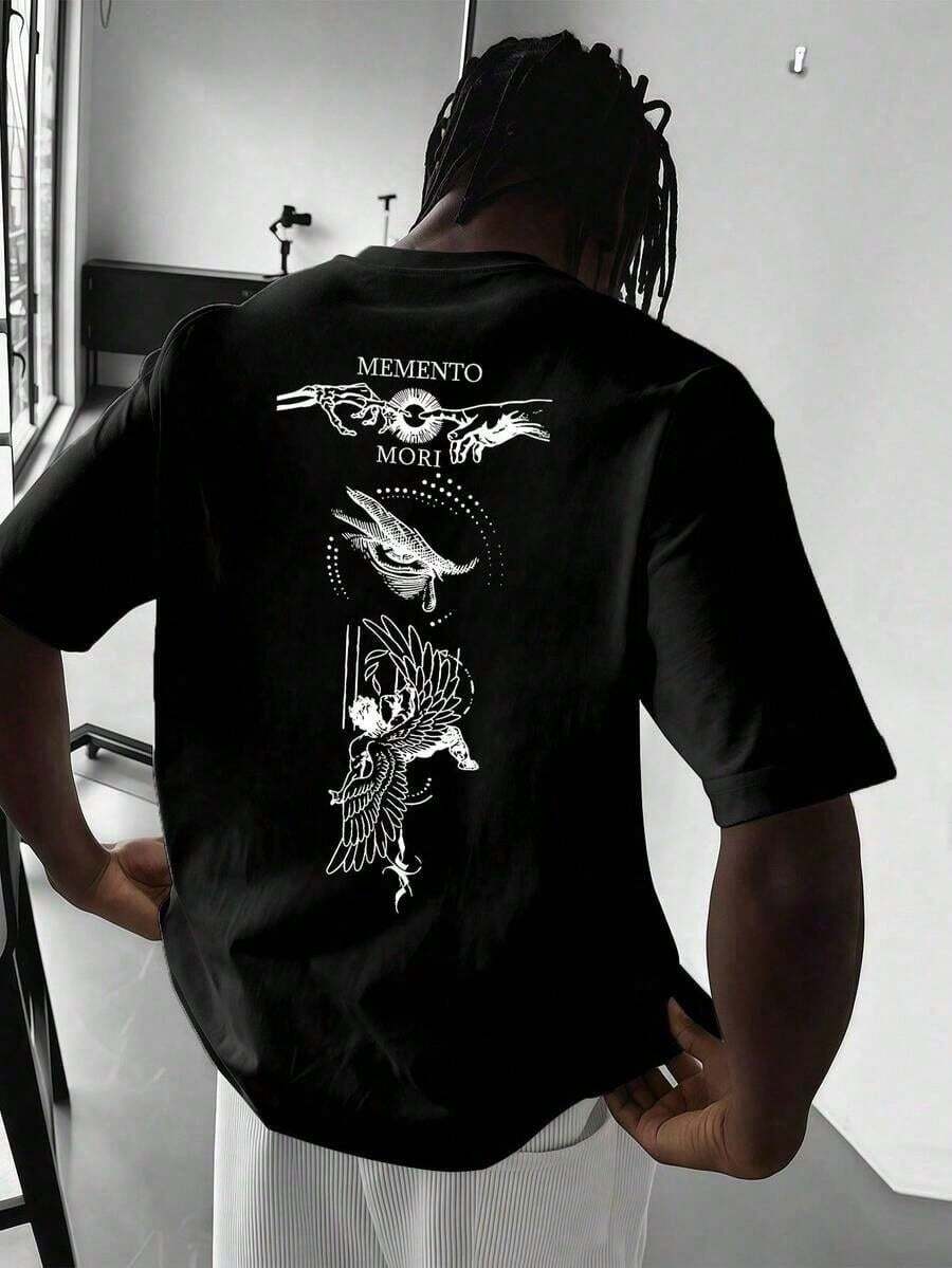 Camiseta de manga corta holgada con estampado de moda para hombres SU ER| Diseño exquisito| Esencial de verano| Fácil de combinar, mostrando tu estilo - Negro - Ver 1