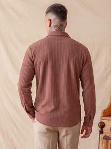 glestore Men's Retro-Style Casual Knit Textured Solid-Color Button-Down Long-Sleeve Shirt-Casual, Comfortable, And Versatile For All Seasons - Brown - View 2