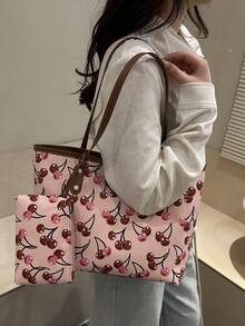 1件女款休閒通勤包，2025大容量極簡百搭單肩包，時尚小眾設計壓紋托特包，舒適肩帶，適合大學生上課/購物/外出/商場逛街/約會/度假 - 粉色 - 查看 4