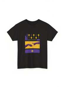Camiseta gráfica negra para hombre y mujer - Estampado de notas y ondas sonoras en amarillo y morado, transpirable, de corte holgado, informal, para amantes de la música, cómoda para todas l - Negro - Ver 1