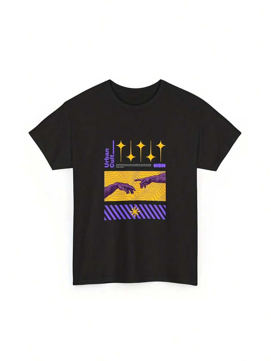 Camiseta gráfica negra para hombre y mujer - Estampado de notas y ondas sonoras en amarillo y morado, transpirable, de corte holgado, informal, para amantes de la música, cómoda para todas l - Negro - Ver 1