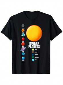 Printed T-Shirt With Planet Infographic Print, Short Sleeve, Round Neck, Casual Urban Style, Fashion Streetwear, Summer, Y2K Women's Clothing - 黑色 - 查看 1