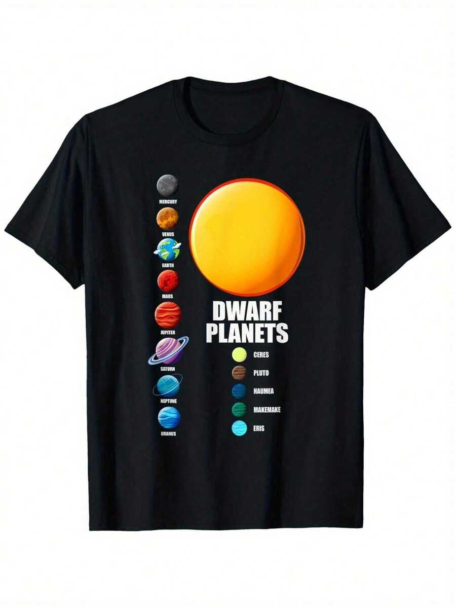 Printed T-Shirt With Planet Infographic Print, Short Sleeve, Round Neck, Casual Urban Style, Fashion Streetwear, Summer, Y2K Women's Clothing - 黑色 - 查看 1