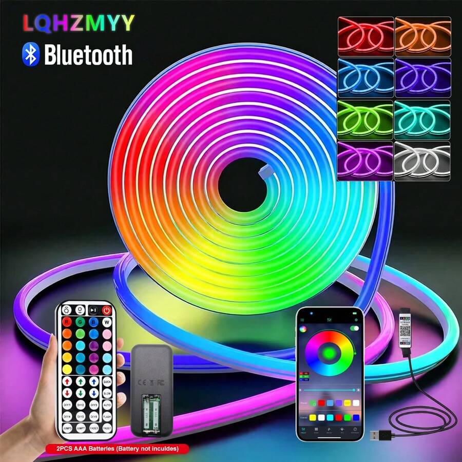 LQHZMYY 1件 RGB 5V USB供電霓虹柔性LED燈條，附多功能按鈕遙控器、藍牙功能、APP控制，適用於遊戲室、電競、臥室裝飾照明、驚喜派對、舞廳、舞台、生日、聖誕造型柔性燈條