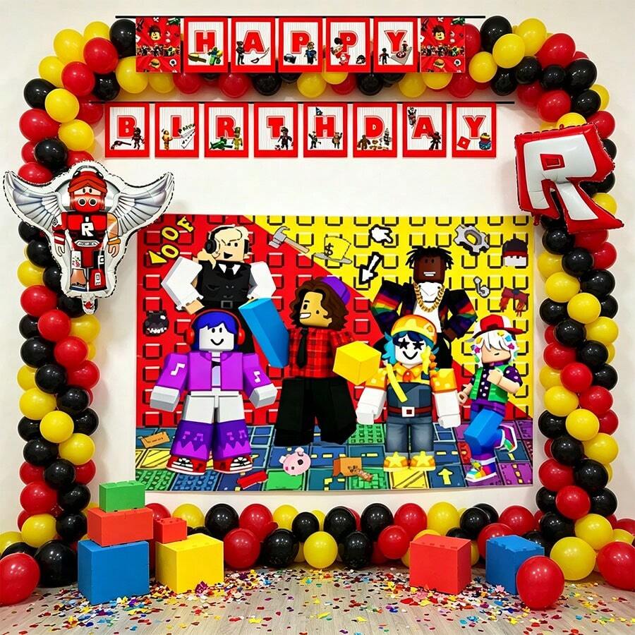 Roblox 4SET Party Decoration Background Decor, 1Set/15pCS Banner Birthday And Graduation Party Gift Balloons. Suitable For Thanksgiving, Halloween And Christmas Events Suitable For Celebration, Party And Unique Occasions - ROBLO Foil Balloons B Banner Background - View 1