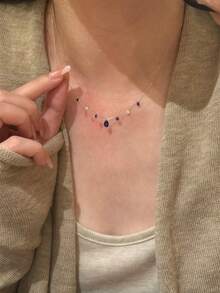 Shescity 1pc Cool-Tone Sparkling Layered Plain Chain Blue Bubble Rhinestone Necklace, High-End Neck Jewelry - Gold - View 1