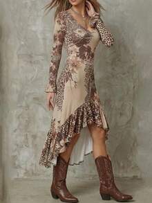 Women's Vintage Western Style Long Sleeve V-Neck Fitted Midi Dress With Ruffle Hem Design - Khaki - View 4
