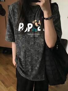 Y2K甜酷風卡通角色印花短袖T恤 寬鬆修身女款上衣 破舊設計 休閒黑色 - 黑色 - 查看 5