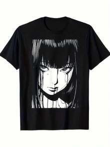 Camiseta Hombre Gótica Anime Japonés Blanco y Negro Rostro Manga Personajes Icónicos, Arte Digital Un Solo Lado Retro, Cosplay Juego Roles Casual, Lavable Máquina Todo el Año. - Negro - Ver 1