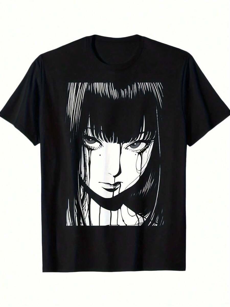 Camiseta Hombre Gótica Anime Japonés Blanco y Negro Rostro Manga Personajes Icónicos, Arte Digital Un Solo Lado Retro, Cosplay Juego Roles Casual, Lavable Máquina Todo el Año. - Negro - Ver 1
