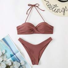 Bikini Dos Piezas Negro Halter Desmontable, Sujetador Bandeau con Fruncido Cruzado en el Bust, Braguita Corte Alto para Playa y Piscina - Nuevo bikini estampado transfronterizo - Ver 8