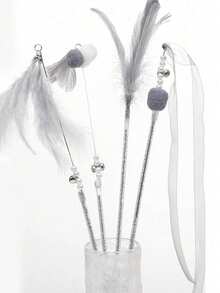 4pcs Feather Decorated Cat Teaser Sticks With Bells, Interactive Cat Toys, Fairy Cat Teaser Toys, With Durable Feather, Long Handle Cat Teaser Sticks With Bells, Self-Entertainment - Multicolor - View 3