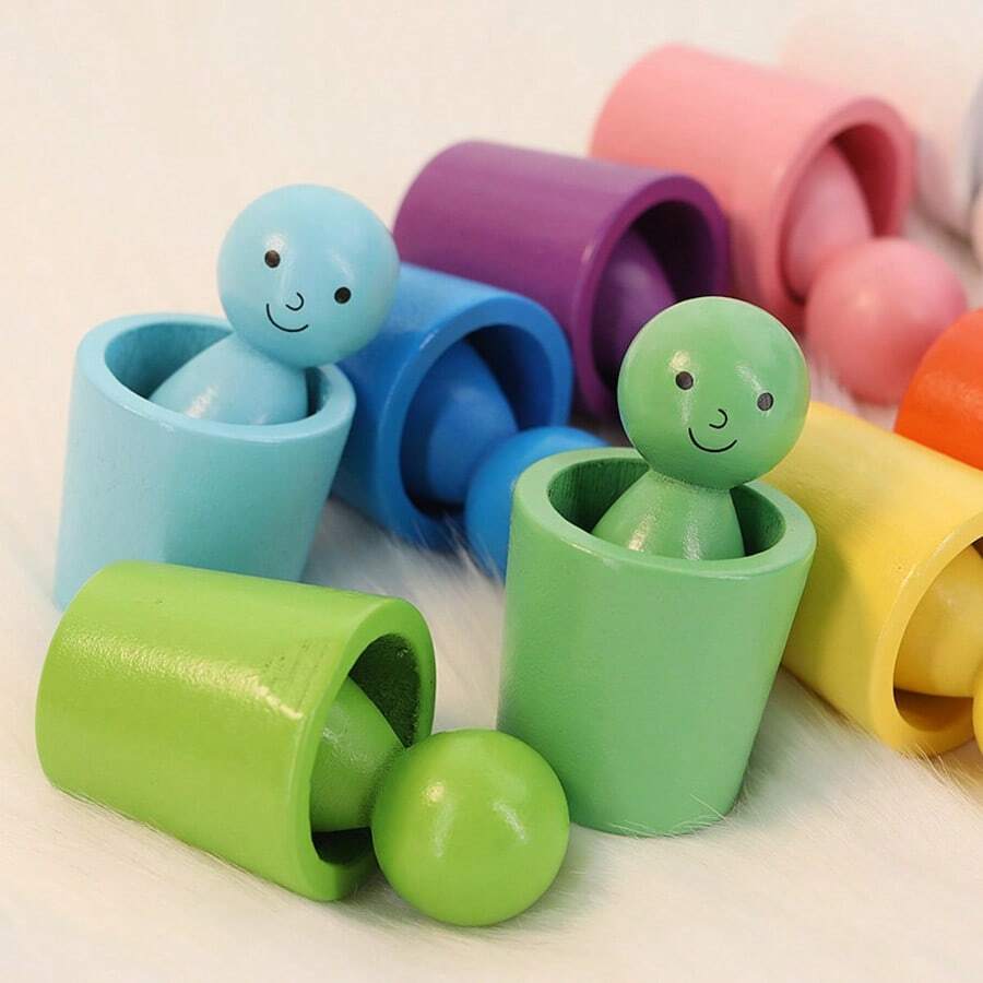 Wooden Color Sorting Cup Doll Set, Matching And Stacking Cup Game, 12 Color Recognition Peg Dolls, Preschool Learning Activity Educational Fine Motor Skills Doll, Suitable For Children 3 Years And Above, Boys And Girls Gift - 彩色 - 查看 1