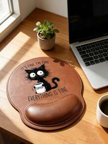 Wrist Rest Mouse Pad, Angry Work Cat Pattern Design, Ergonomic Design, With Wrist Rest, Faux Leather Material, Comfortable Fit, Provides Smooth Wrist Support, Computer Desk Pad, Office Keyboard Pad, Desktop Protection Pad, Non-Slip Base, Suitable For Gaming, Computer, Laptop, Office And Home Use, Graduation Season Souvenir, Ideal Choice For Office And Gaming, Perfect Gift For Valentine's Day, Mother's Day - Multicolor - View 4