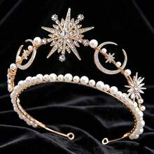 1pc Bridal Rhinestone Crown Pentagram Moon Tiara Faux Pearl Headpiece Party Evening Dress Decoration, Coronas - Multicolor - View 5