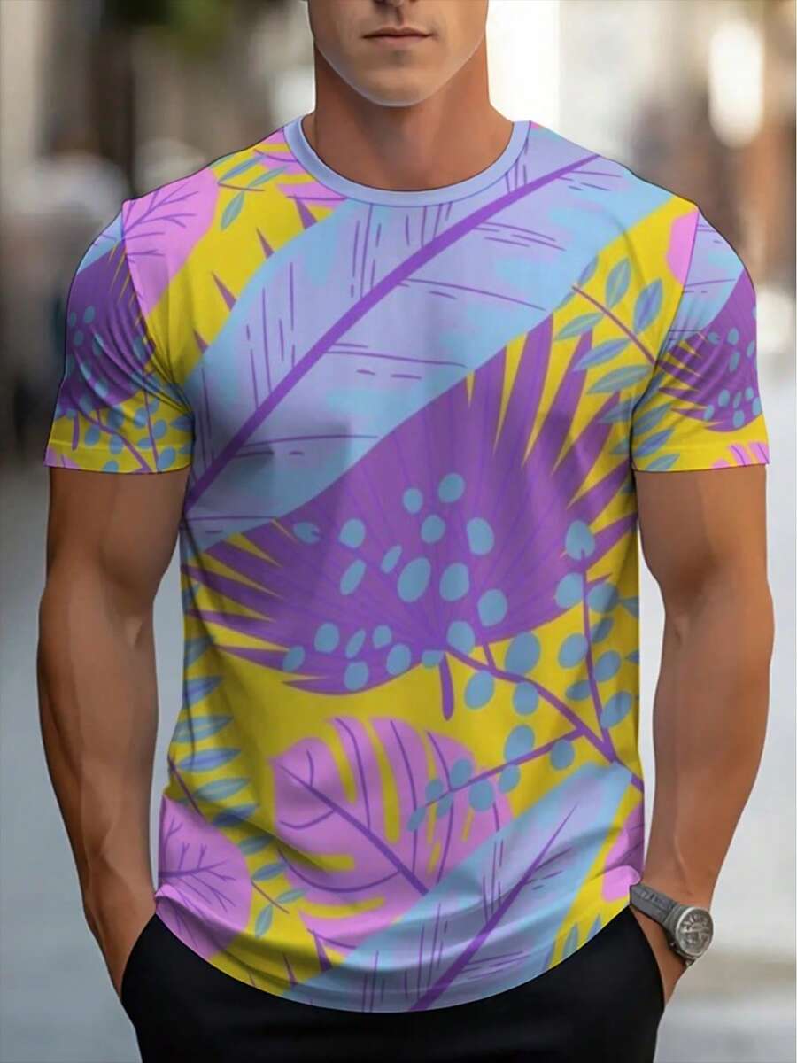 Camiseta ligera para hombre con estampado de patrón tropical vibrante en morado y amarillo, sin textura, perfecta para uso casual en casa, restaurante o actividades al aire libre, diseño dur - Negro - Ver 1
