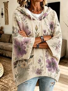 Sweater Pullover Berkerudung Longgar dengan Motif Bunga dan Daun untuk Wanita Ukuran Plus, Model Kasual Serbaguna, Cocok untuk Perjalanan Sehari-hari, Kencan, Pesta Ulang Tahun, dan Musim Gugur. - MultiWarna - View 5
