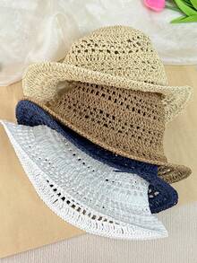 OBOVAY 1pc Women's Solid Color Hollow Out Handmade Straw Hat, Summer Vacation Beach Sun Protection Straw Hat, Suitable For Daily Wear, Vacation, Beach, Bohemian Photography - Multicolor - View 8