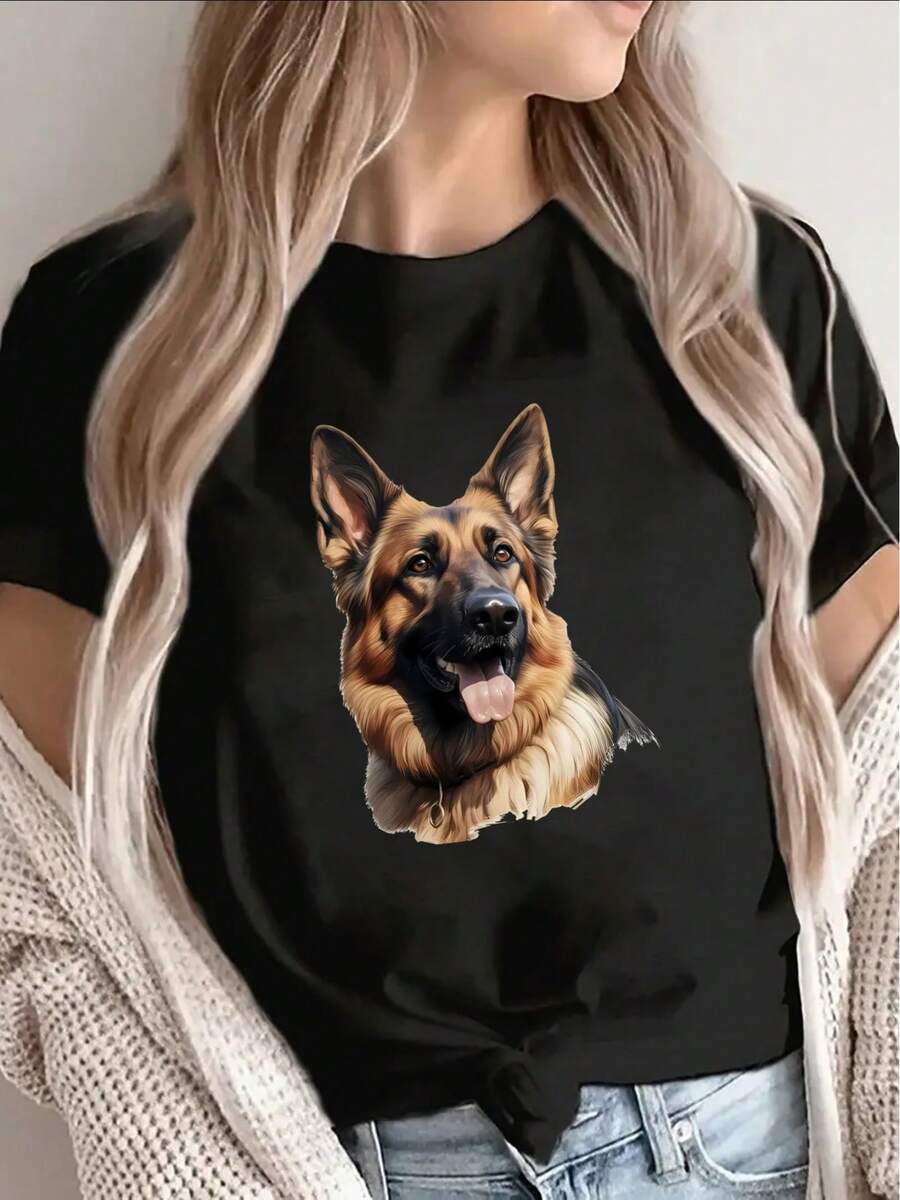 Women's T-Shirt: Short-Sleeved T-Shirt With German Shepherd Print, Durable And Comfortable For Home Or Outdoor Use, Ideal For Casual Wear In The Living Room Or Restaurants. - 黑色 - 查看 1