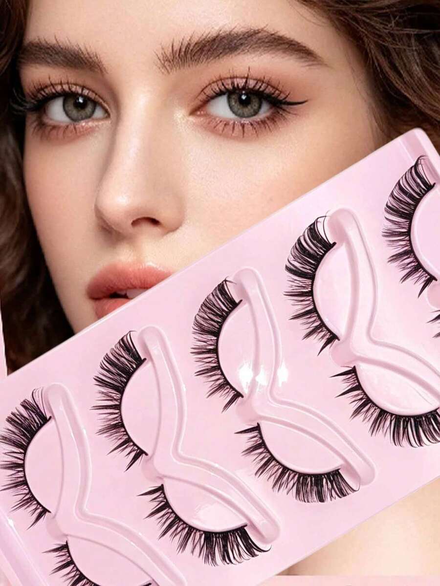 5 Pairs Fox Eye Wing-Shaped False Eyelashes, Natural Style One-Piece Black Stem Cat Eye Lashes, Cross-Border Dropshipping - View 1