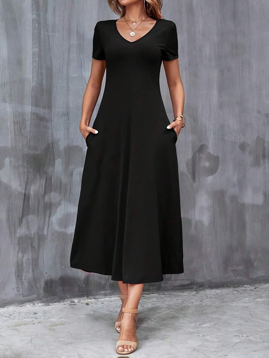 Casual V-Neck Short Sleeve Dress With Pockets. Solid Color, Machine Washable, Versatile For All Seasons. - 黑色 - 查看 1