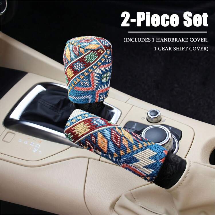 2PCS Bohemian Style Car Gear Shift Cover + Handbrake Cover, Suitable For All Seasons, Wear-Resistant & Anti-Slip, Elastic & Easy To Install, Holiday Gift, Car Interior Accessories - A - View 11