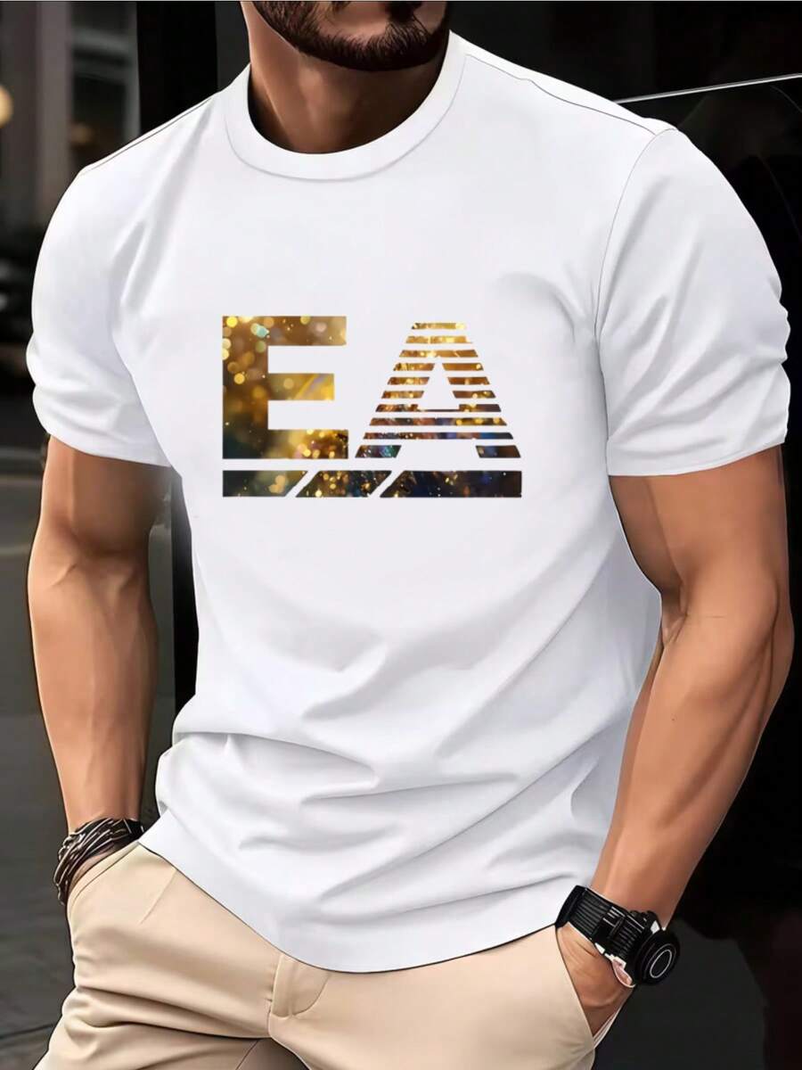Camiseta Estampada para Hombre - Camiseta de Cuello Redondo de Poliéster Suave y Transpirable con Estampado Geométrico Elegante y Moderno| Atuendo Casual y Cómodo| Moda Casual - Blanco - Ver 1