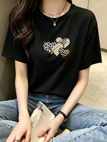 2026 Maija2026 MaijaWomen's T-Shirt With Leopard, Stripes And Hearts Print, Soft And Breathable Fabric, Loose Fit, Ideal For All Body Types, For Summer, Daily Use, Sport - 黑色 - 查看 1