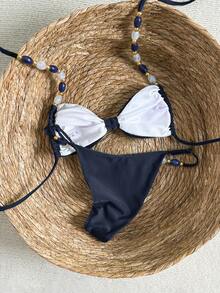 Bikinx Women's Back Tie Bikini Set, Bohemian Style Contrast Color Beaded Shoulder Straps, Suitable For Beach Vacation Summer - Royal Blue - View 8