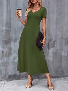 Vestido Casual Cuello en V Manga Corta con Bolsillos.Color Sólido, Lavable aáquina, Versátil para Todas las Estaciones. - Verde Oliva - Ver 6