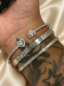/piezas de pulsera de acero inoxidable chapada en oro de con corazóde diamantes de imitació, brazalete abierto con incrustaciones de cobre y circonita artificial, conjunto de pulse - Plata 5 - Ver 7