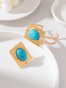 1 Set Elegant Fashion Exaggerated Design Geometric Striped Square Inlaid Faux Turquoise Bracelet + Ring Women's Jewelry Set - Turquoise - View 3