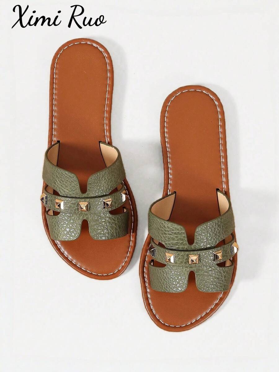 Ximi Ruo Women's Casual Flat Woven Roman Sandals, Suitable For Spring, Summer, Outdoor, Beach, Apartment, Dress Matching, Fashion Slip-On Slippers - Green - View 1