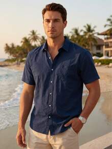 Hawaiian Style Linen Loose Casual Men's Henley Collar Turn-Down Collar Casual Pocket Solid Color Short Sleeve Shirt Cardigan - Navy Blue - View 2