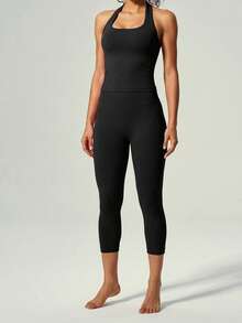 UONNOU 2 Pieces Women's Sculpting Workout Set, Halter Open Back Top & High Waist Butt Lifting Capri Leggings For Yoga & Gym - Black - View 5