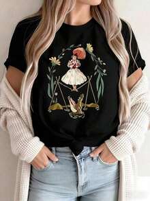 Loose Fit T-Shirt With Floral Scale Girl Design, Short Sleeve, Casual Retro Vintage Style, Youthful Streetwear Fashion, Everyday Wear Blouse Y2K - 黑色 - 查看 1