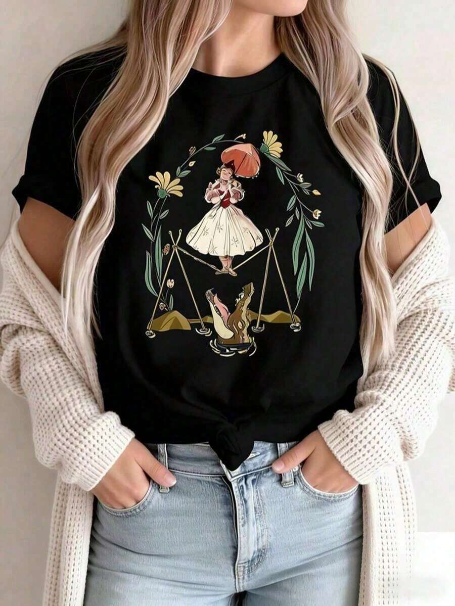 Loose Fit T-Shirt With Floral Scale Girl Design, Short Sleeve, Casual Retro Vintage Style, Youthful Streetwear Fashion, Everyday Wear Blouse Y2K - 黑色 - 查看 1