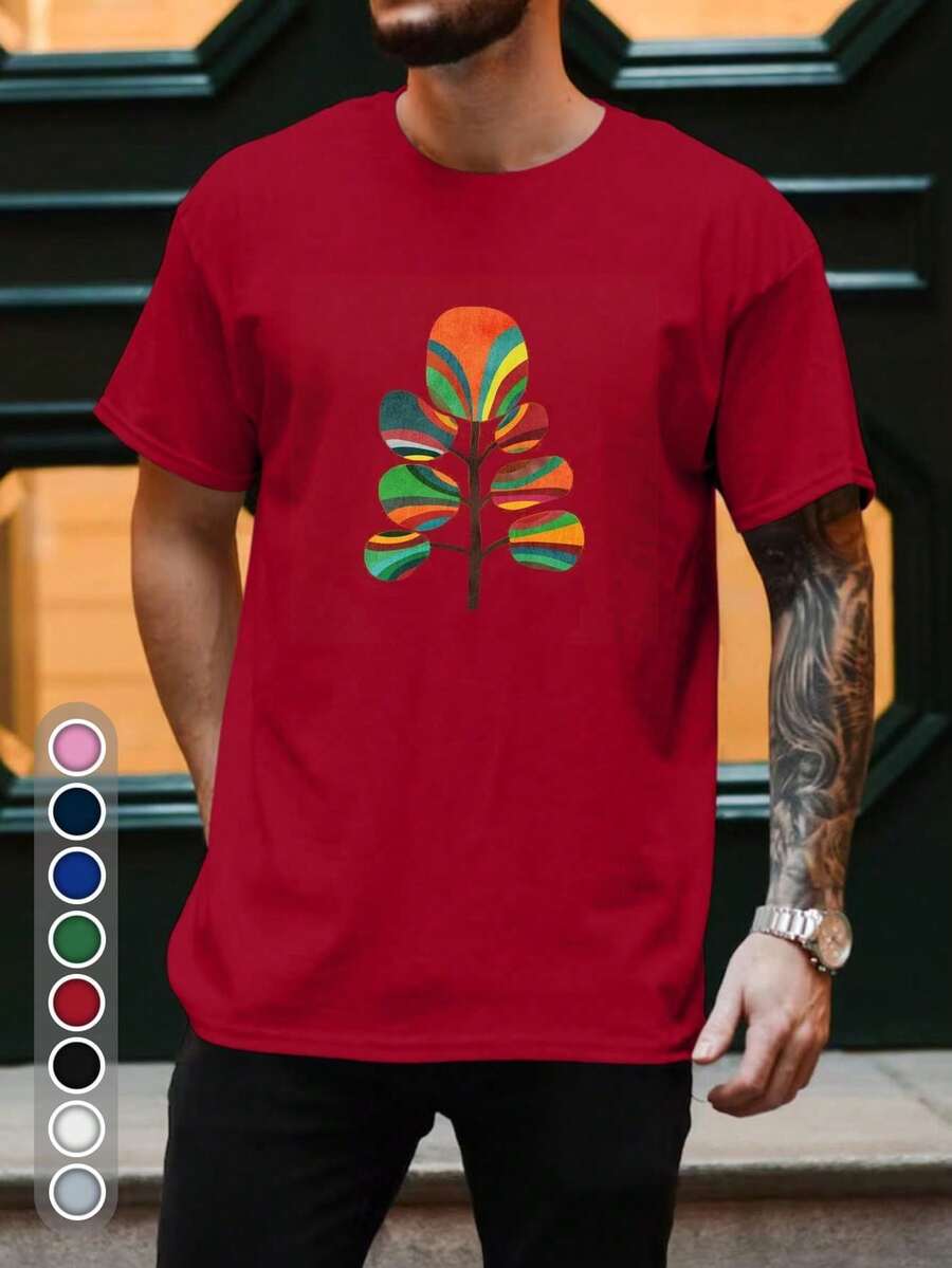 New Men's Casual Summer T-Shirt, 100% Cotton With Vibrant Multicolored Leaf Print - Soft And Breathable Fabric, Casual Crew Neck With Slight Stretch For Comfort - 黑色 - 查看 1